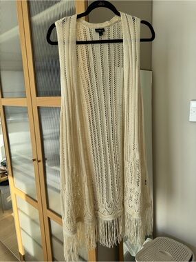 torrid Cream Crochet Fringe Sleeveless Open-Front Vest